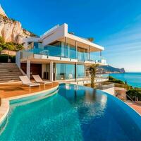 3D rendering of a luxurious modern white villa with pool. generative ai photo