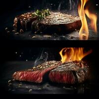 A steak on a cutting board with herbs and spices. generative ai. photo