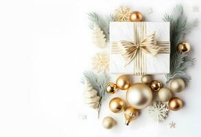 An arrangement of of gold and silver Christmas decorations Gift box on white background. Flat lay. Copy space. with generative Ai. photo