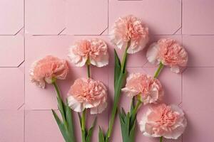 pink flowers in flatlay on pink background with copy space, top view. generative ai. photo