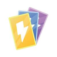 Card game icon with thunder or flash on center card, yellow, blue, and purple color, shiny cartoon design style, game 2d icon illustration vector