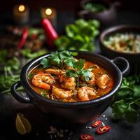 Tom Yam Kung ,Prawn and lemon soup with mushrooms, thai food in bowl. . photo
