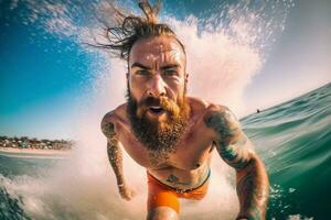Man surfer in the water in motion, he is overwhelmed with emotions. Extreme sport. Go pro wide angle shot photo
