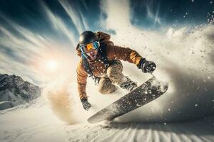 un joven hombre en un tabla de snowboard se apresura a genial velocidad desde un Nevado montaña. extremo deporte. Vamos Pro amplio ángulo disparo. foto