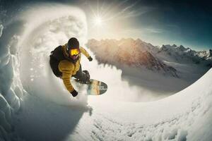 un joven hombre en un tabla de snowboard se apresura a genial velocidad desde un Nevado montaña. extremo deporte. Vamos Pro amplio ángulo disparo. foto