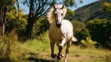 a white horse running on the wide grass photo