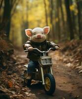 a cute pig on a minibike riding through a forest photo