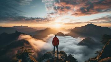 a man on top of a mountain peak with view of clouds and sunrise photo