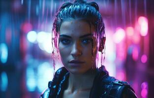 Cyberpunk woman portrait futuristic neon style photo