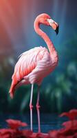 Exotic pink flamingo bird closeup photo