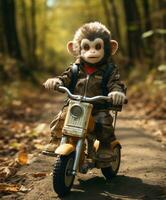 a chimpanzee on a minibike riding through a forest photo