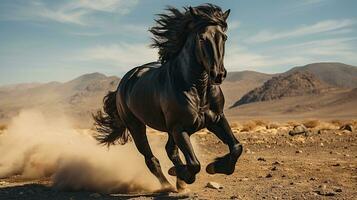 a black horse running over the desert photo