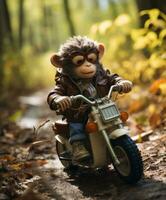 a chimpanzee on a minibike riding through a forest photo