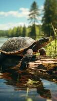 Wildlife turtle on top of a log with forest background photo