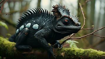 A unique colorful chameleon sits on a branch in a forest photo