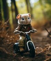 a cute bunny on a minibike riding through a forest photo