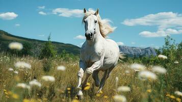 un blanco caballo corriendo en el amplio césped foto