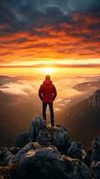 a man on top of a mountain peak with view of clouds and sunrise photo