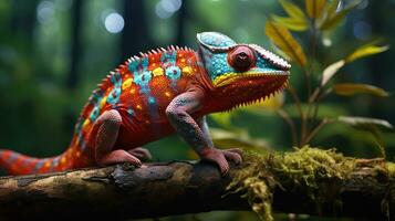 A unique colorful chameleon sits on a branch in a forest photo