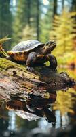 Wildlife turtle on top of a log with forest background photo