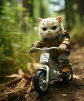a toy cute cat on a minibike riding through a forest photo
