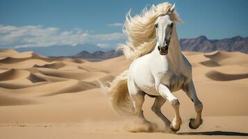 a white horse running over the desert photo