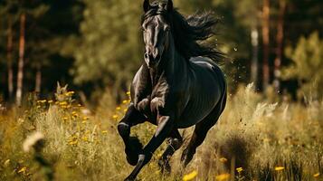 un negro caballo corriendo en el amplio césped foto