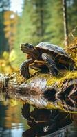 fauna silvestre Tortuga en parte superior de un Iniciar sesión con bosque antecedentes foto