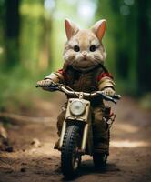 a cute bunny on a minibike riding through a forest photo