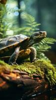 Wildlife turtle on top of a log with forest background photo