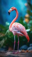 Exotic pink flamingo bird closeup photo