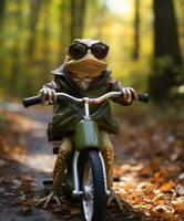 a cute frog on a minibike riding through a forest photo