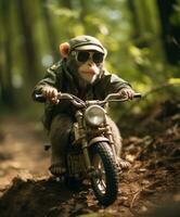 a chimpanzee on a minibike riding through a forest photo