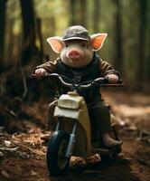 a cute pig on a minibike riding through a forest photo