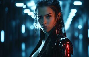 Cyberpunk woman portrait futuristic neon style photo