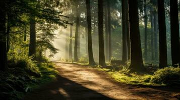 A forest with trees and a path in the morning with the sun shining on the street photo