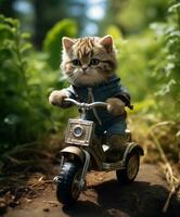 a toy cute cat on a minibike riding through a forest photo