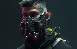 Cyberpunk Man portrait futuristic neon style wear a robotic headset photo