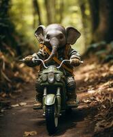 un linda bebé elefante en un mini bicicleta montando mediante un bosque foto