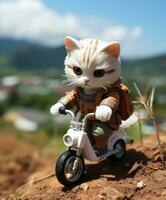 a toy cute cat on a minibike riding through a forest photo