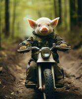 a cute pig on a minibike riding through a forest photo