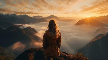 a woman on top of a mountain peak with view of clouds and sunrise photo
