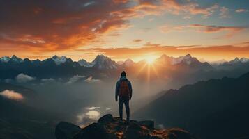 a man on top of a mountain peak with view of clouds and sunrise photo