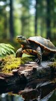 Wildlife turtle on top of a log with forest background photo