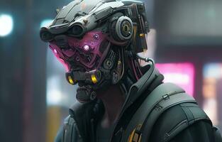 Cyberpunk Man portrait futuristic neon style wear a robotic headset photo