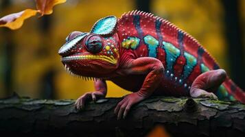 A unique colorful chameleon sits on a branch in a forest photo