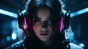 Cyberpunk woman portrait futuristic neon style photo