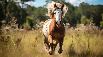 a horse running on the wide grass photo