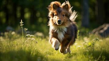 a Mini Pony Horse running on the wide grass photo