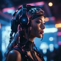 Cyberpunk woman portrait futuristic neon style photo